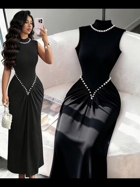 Elegant Black Pearl-Trim Midi Dress